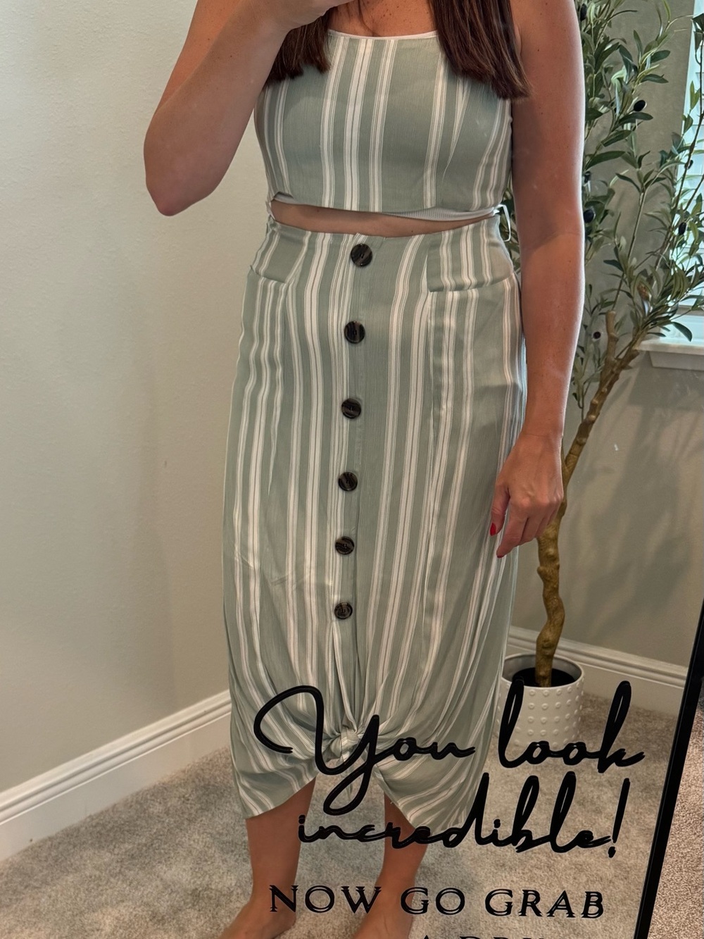Striped Sage Button-Front Midi Skirt